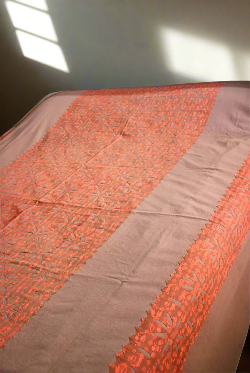 Handcrafted Appliqué work bedcover, featuring intricate cutwork and vibrant stitched patterns. A stunning blend of traditional artistry and elegance, perfect for adding cultural charm to your bedroom decor.