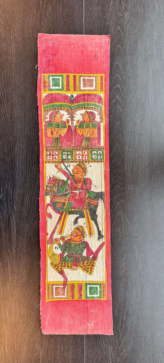 Authentic vintage Phad art scroll from Rajasthan, featuring intricate hand-painted storytelling scenes in vibrant colors. A timeless piece of heritage art that captures the rich cultural traditions of India.
