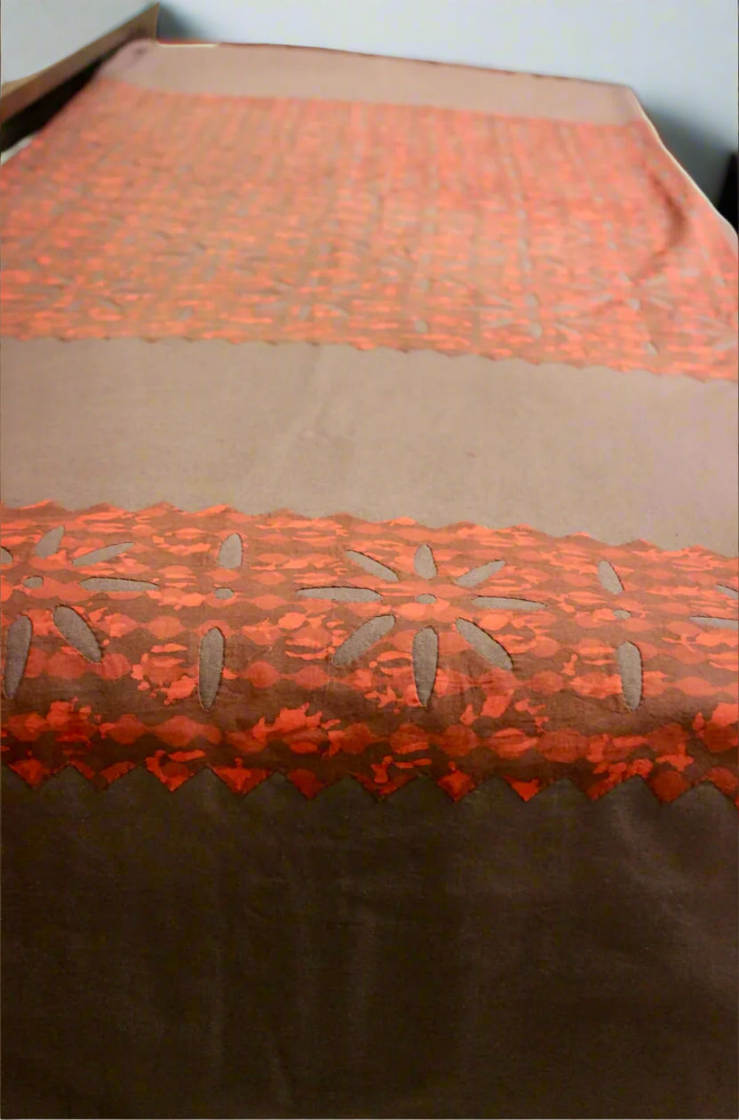 Handcrafted Appliqué work bedcover, featuring intricate cutwork and vibrant stitched patterns. A stunning blend of traditional artistry and elegance, perfect for adding cultural charm to your bedroom decor.