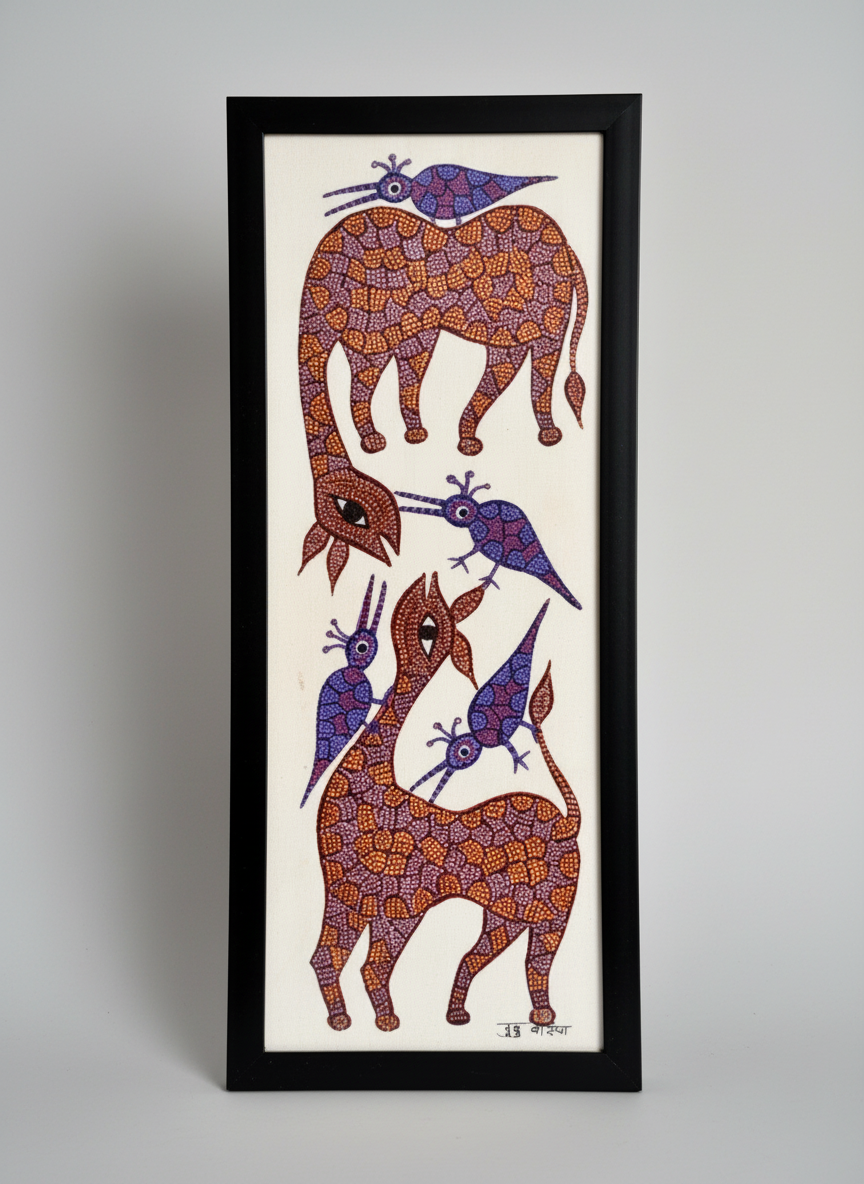 Framed artwork of stylized animals on a white background