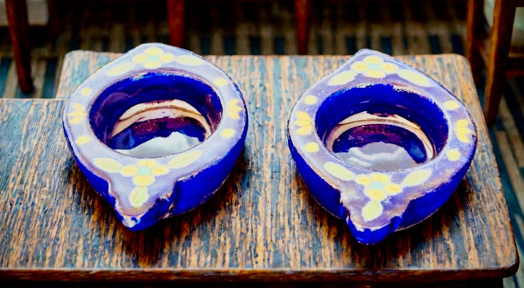 Handcrafted Jaipur Blue Pottery tea light holders, featuring intricate designs and vibrant blue hues, adding a traditional Indian touch to your home decor.