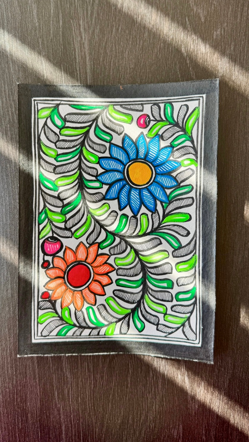 Charming small-sized Madhubani art paintings, featuring intricate hand-painted designs with vibrant colors and traditional motifs. A perfect blend of cultural heritage and artistic beauty to enhance your space.