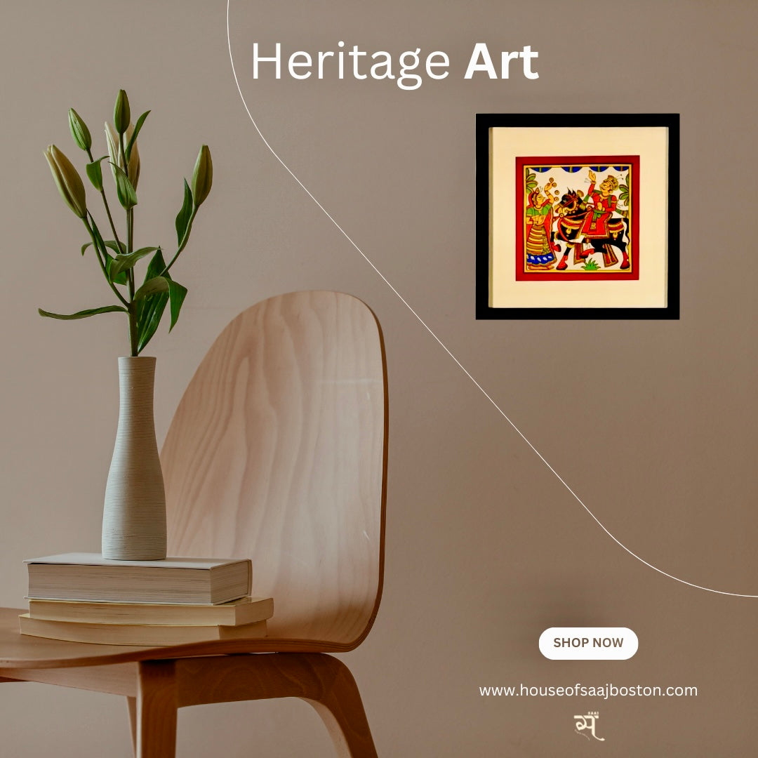 Hand-painted Phad art from Rajasthan, 			vibrant depiction of local legends on fabric scrolls.