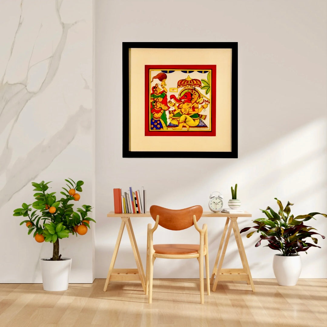 Hand-painted Phad art from Rajasthan, 			vibrant depiction of local legends on fabric scrolls.