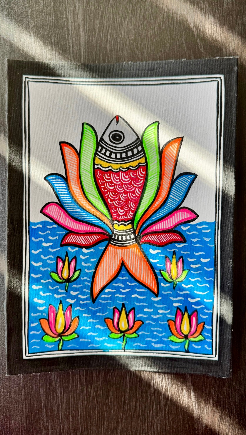 Charming small-sized Madhubani art paintings, featuring intricate hand-painted designs with vibrant colors and traditional motifs. A perfect blend of cultural heritage and artistic beauty to enhance your space.