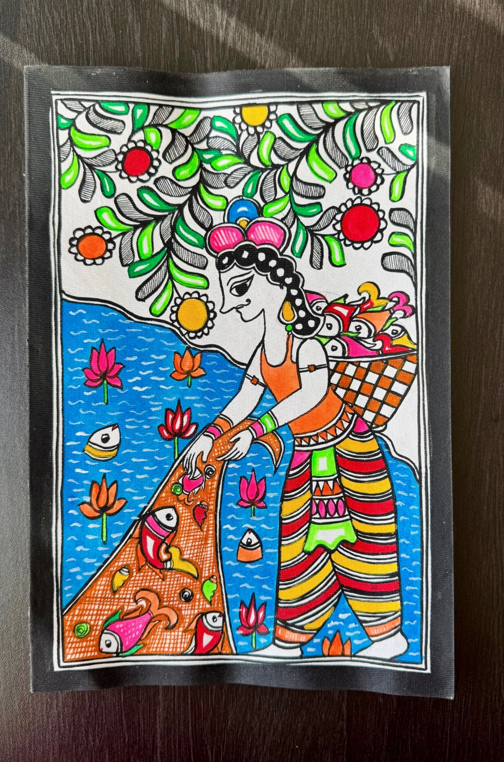 Colorful illustration of a character with a checkered bag and floral design on a dark background