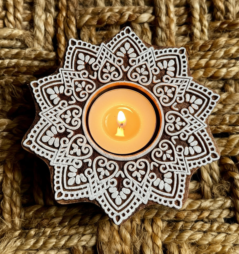 Decorative hand engraved wooden block candle holder with intricate patterns on a woven background