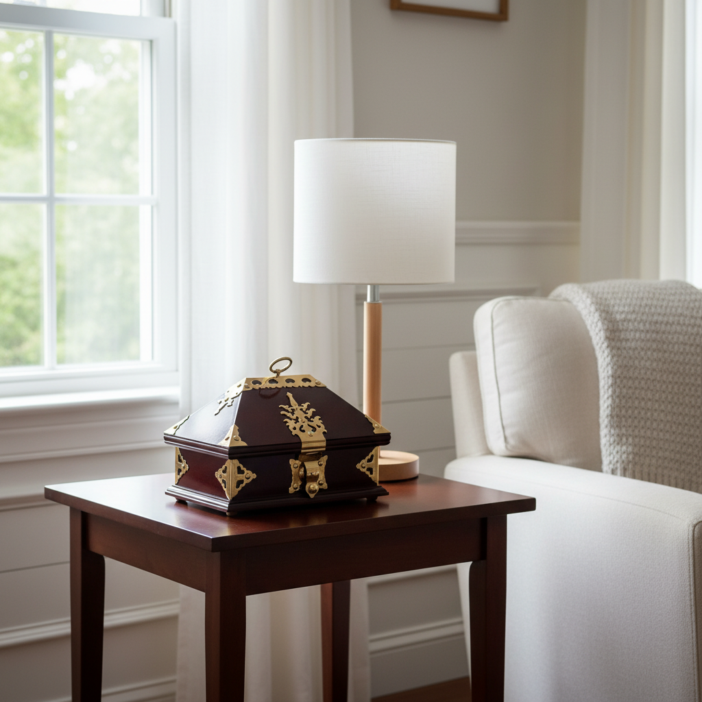 A dark reddish-brown rosewood Jewelry keepsake Netturpeti box with ornate gold metal corner and latch accents sits on a dark wood side table next to a white table lamp in a bright, modern living room.