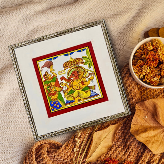 Hand-painted Phad art from Rajasthan, 			vibrant depiction of local legends on fabric scrolls.