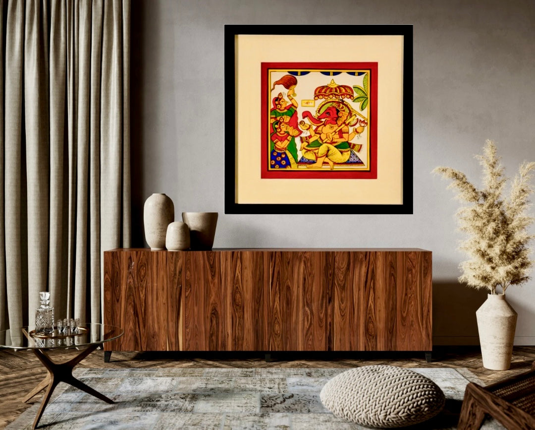 Hand-painted Phad art from Rajasthan, 			vibrant depiction of local legends on fabric scrolls.