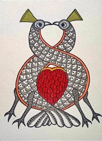 Hand-painted Gond art wall decor featuring intricate tribal patterns and vibrant storytelling inspired by nature and folklore.