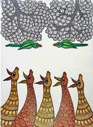 Hand-painted Gond art wall decor featuring intricate tribal patterns and vibrant storytelling inspired by nature and folklore.