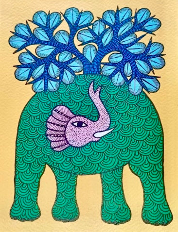 Hand-painted Gond art wall decor featuring intricate tribal patterns and vibrant storytelling inspired by nature and folklore.