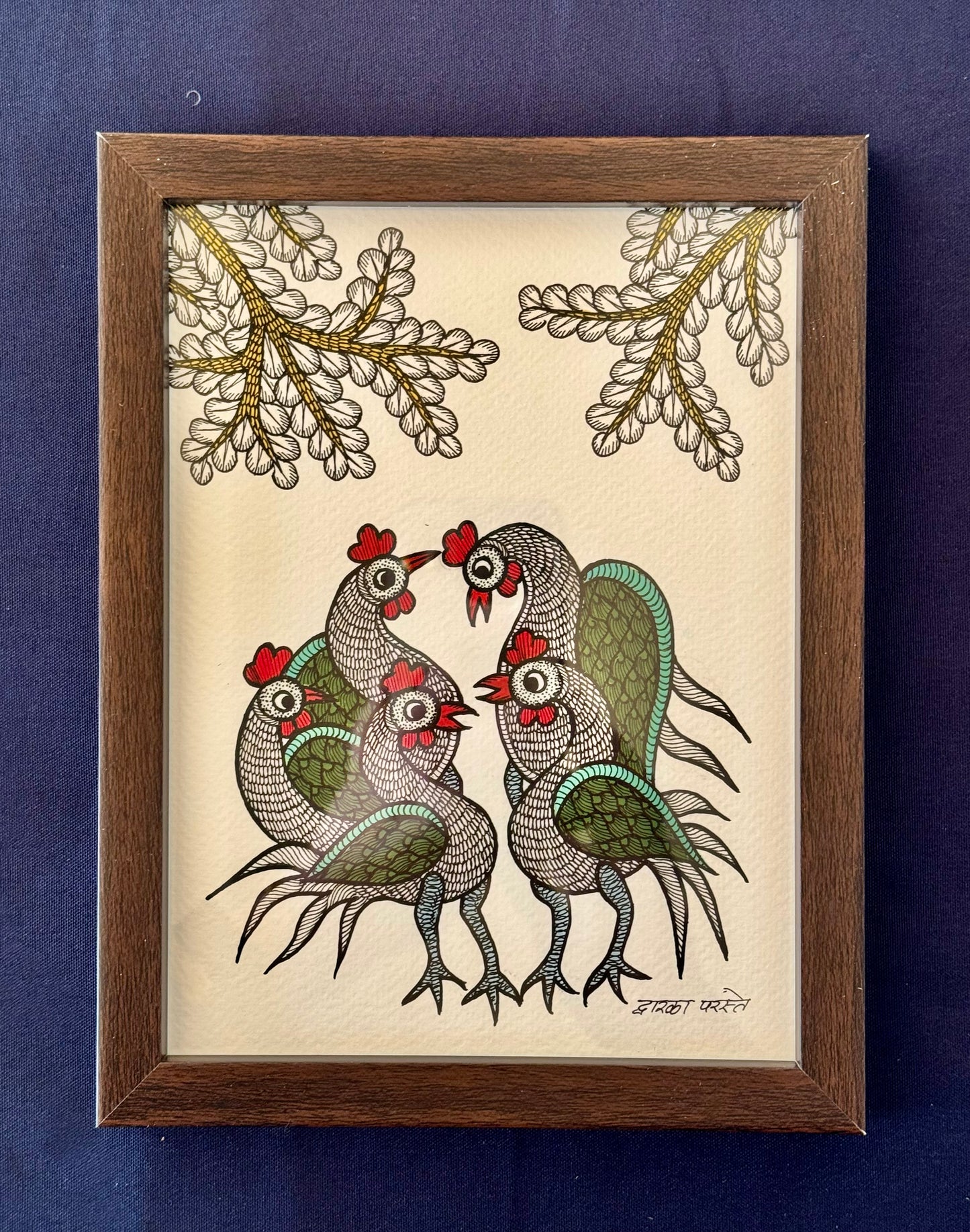 Hand-painted Gond art wall decor featuring intricate tribal patterns and vibrant storytelling inspired by nature and folklore.