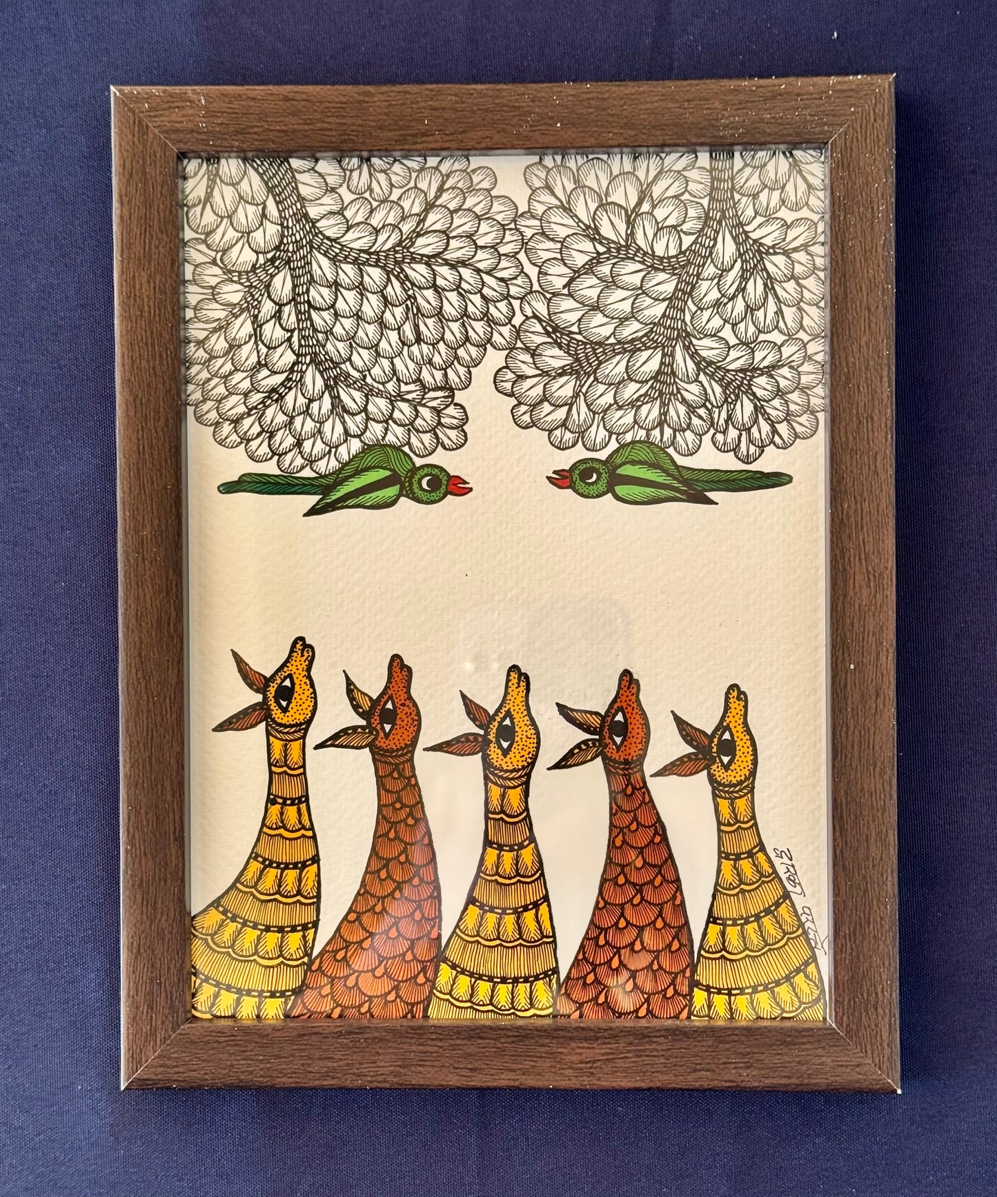 Hand-painted Gond art wall decor featuring intricate tribal patterns and vibrant storytelling inspired by nature and folklore.