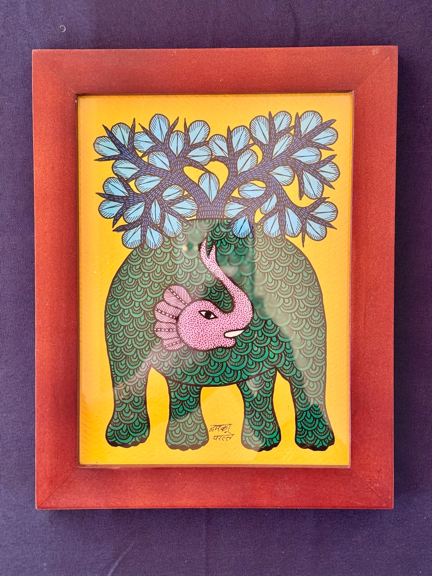 Hand-painted Gond art wall decor featuring intricate tribal patterns and vibrant storytelling inspired by nature and folklore.