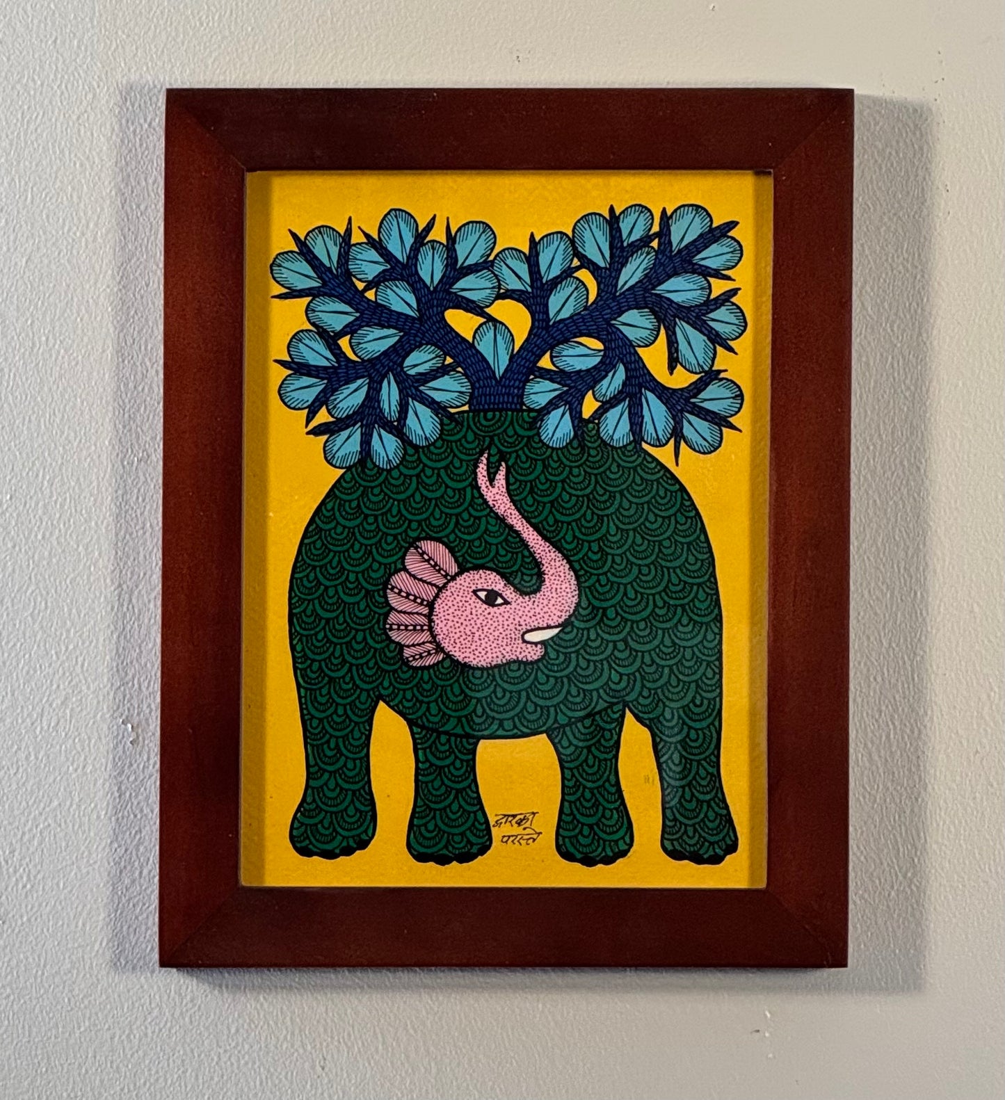 Hand-painted Gond art wall decor featuring intricate tribal patterns and vibrant storytelling inspired by nature and folklore.