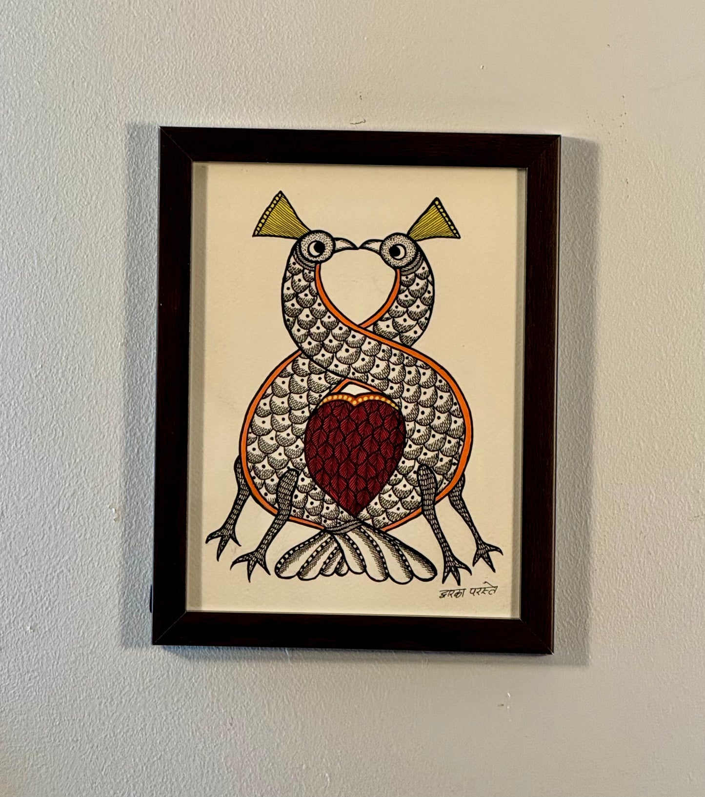 Hand-painted Gond art wall decor featuring intricate tribal patterns and vibrant storytelling inspired by nature and folklore.