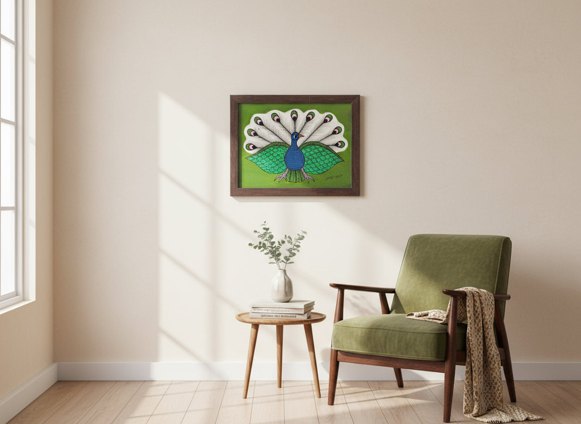 Hand-painted Gond art wall decor featuring intricate tribal patterns and vibrant storytelling inspired by nature and folklore.