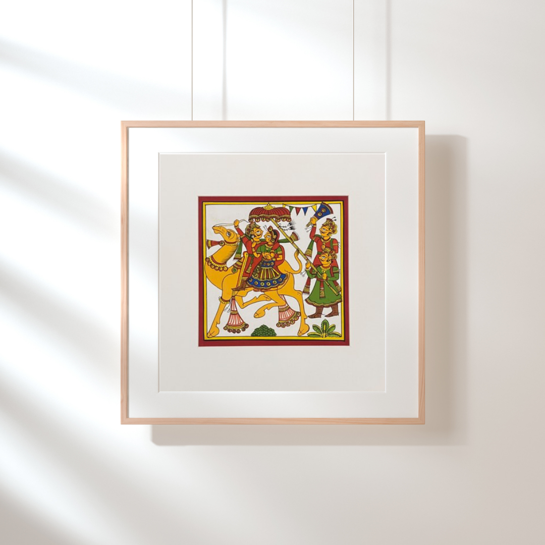 Hand-painted Phad art from Rajasthan, 			vibrant depiction of local legends on fabric scrolls.