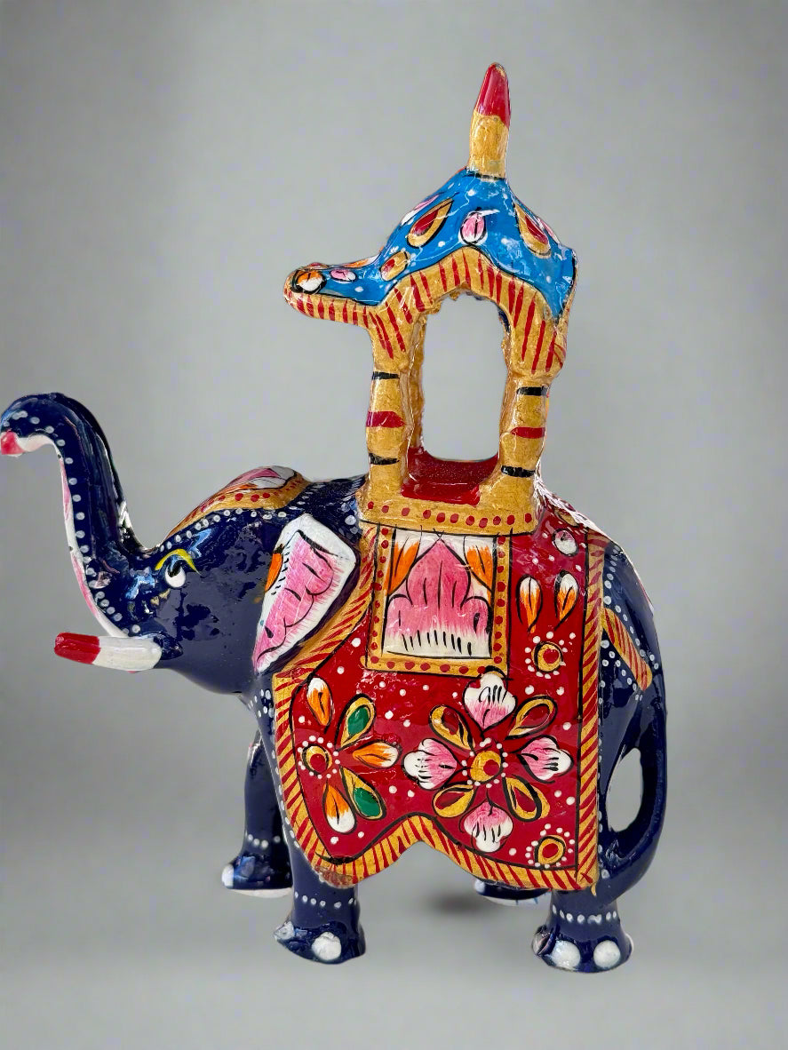 Decorative elephant figurine with colorful patterns on a white surface.