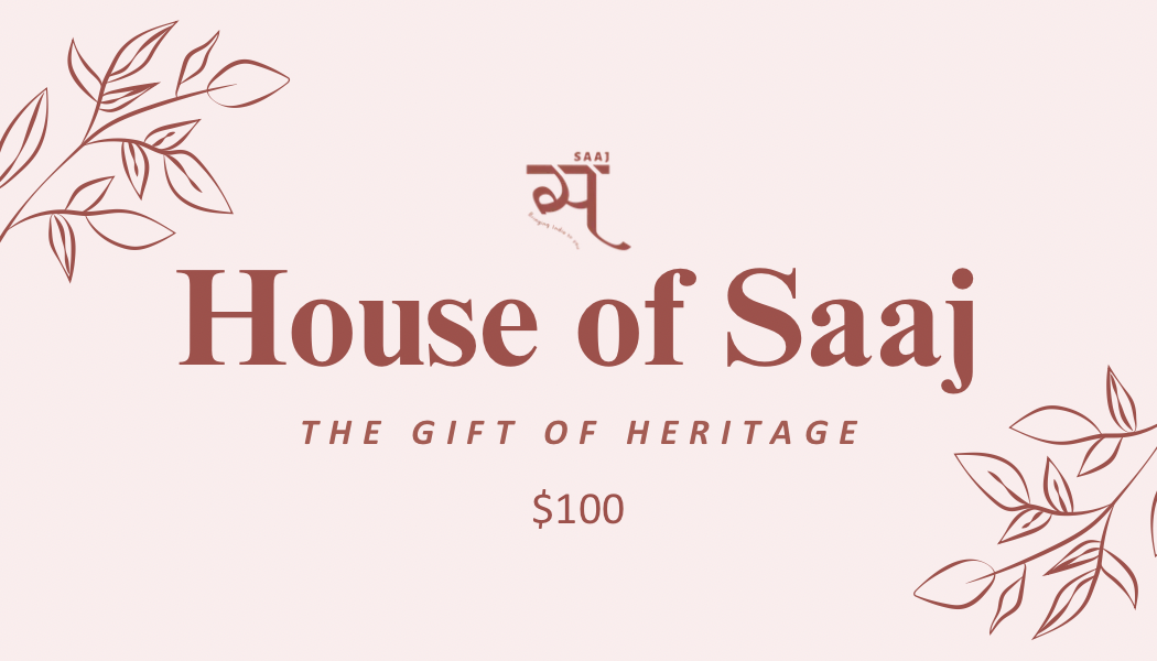 House of Saaj logo with decorative elements on a light pink background