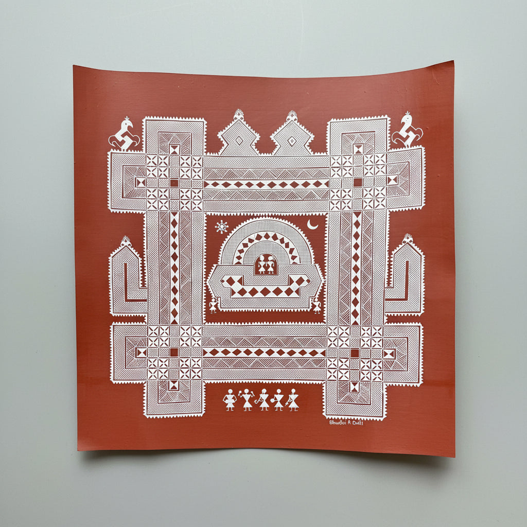 Decorative white Chittara art in Hasegode style, on red hand made paper against a dark background