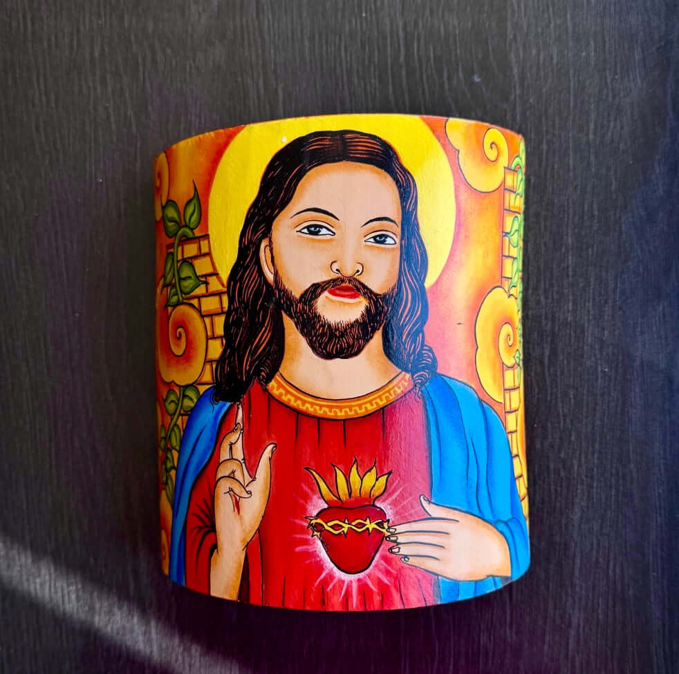 Handcrafted Kerala Mural art on bamboo wall decor, showcasing vibrant traditional motifs inspired by ancient temple murals of Kerala. A unique fusion of eco-friendly craftsmanship and cultural heritage for your space.