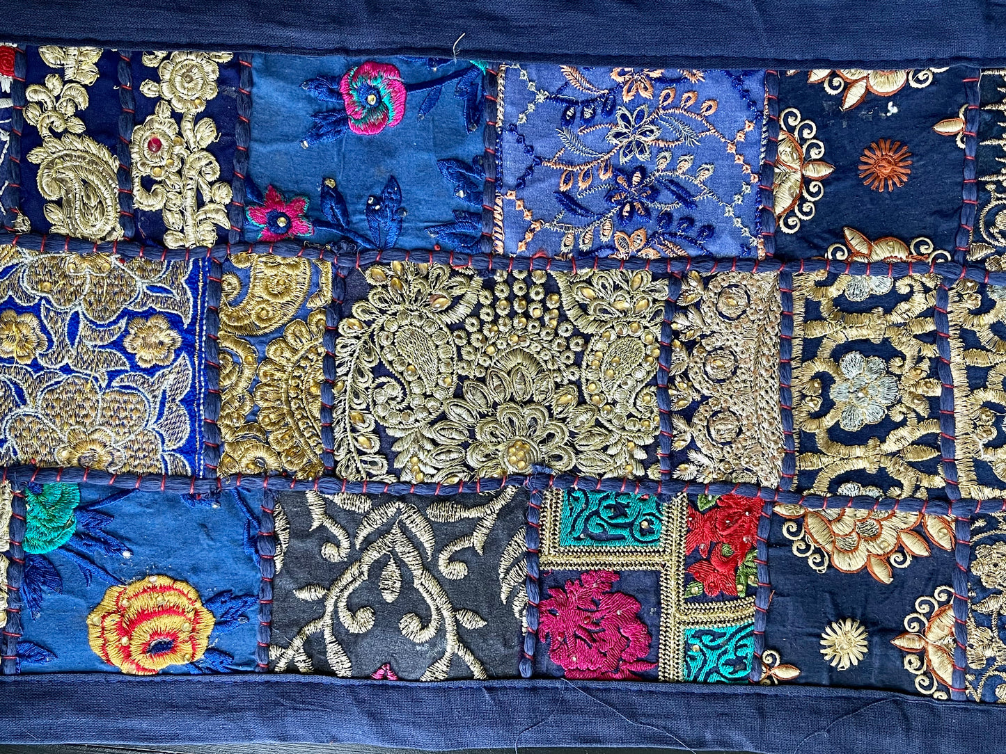 Handwoven Kutchi Khambhadia work table runners, featuring vibrant patchwork and intricate embroidery, adding a touch of traditional Indian craftsmanship to your table.