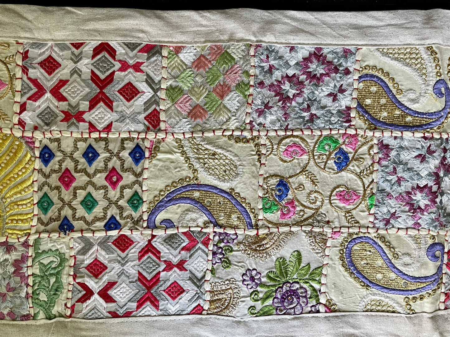 Handwoven Kutchi Khambhadia work table runners, featuring vibrant patchwork and intricate embroidery, adding a touch of traditional Indian craftsmanship to your table.