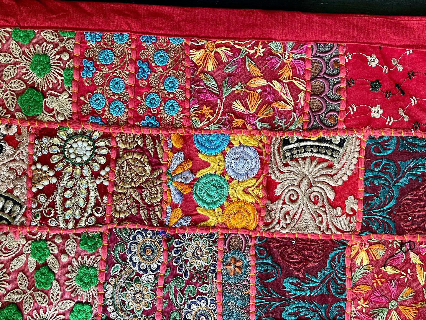 Handwoven Kutchi Khambhadia work table runners, featuring vibrant patchwork and intricate embroidery, adding a touch of traditional Indian craftsmanship to your table.
