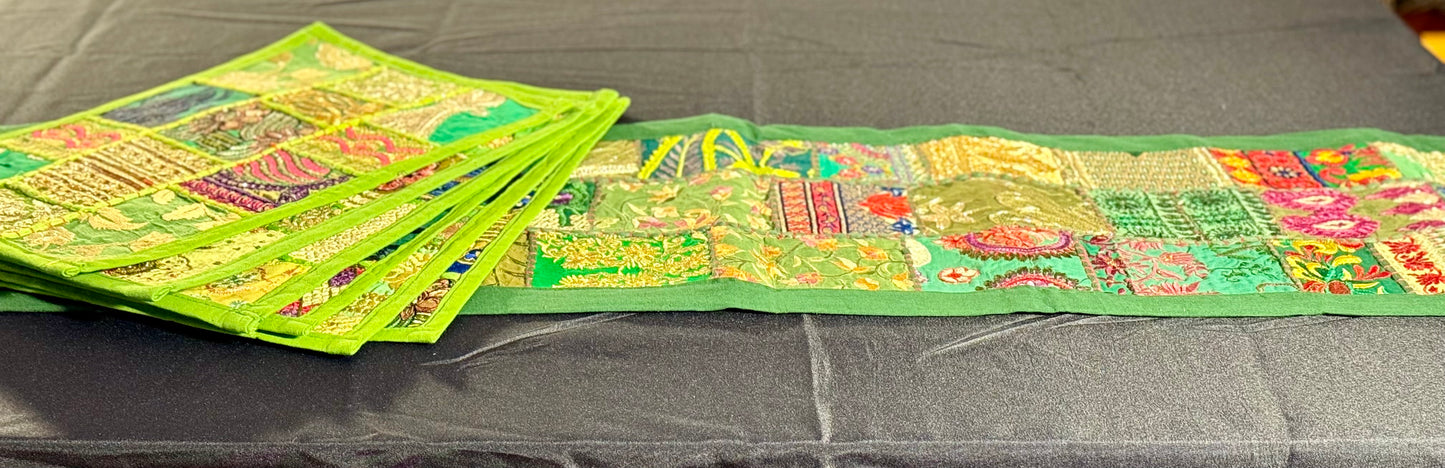 Handwoven Kutchi Khambhadia work table runners, featuring vibrant patchwork and intricate embroidery, adding a touch of traditional Indian craftsmanship to your table.