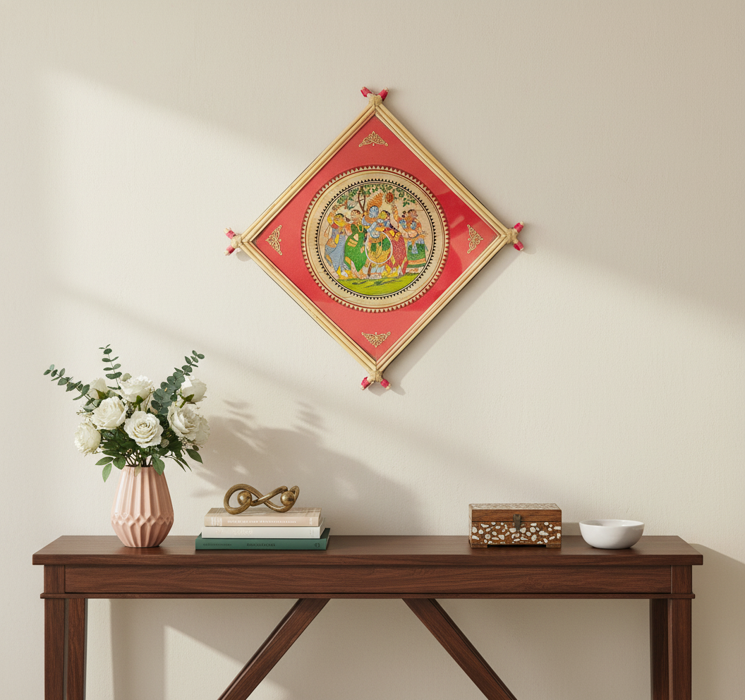 Pattachitra style painting of Krishna and Radha against a light beige wall over a console table with decor accessories