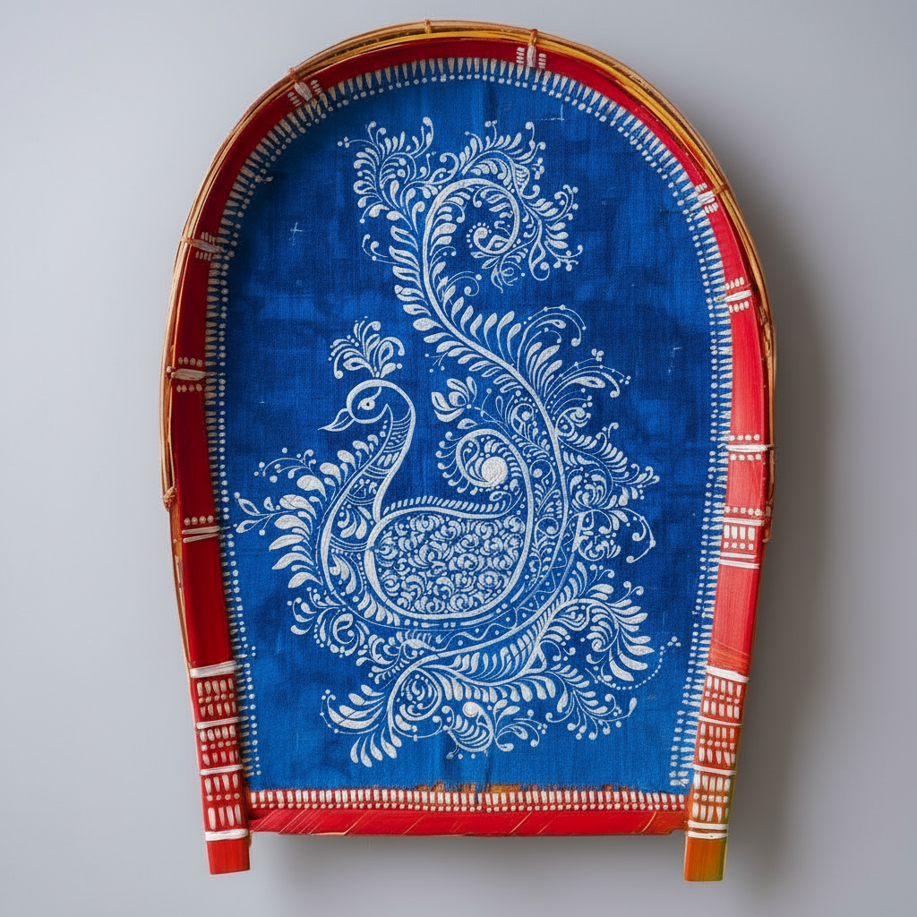 Decorative tray with blue fabric and white peacock design on a plain background