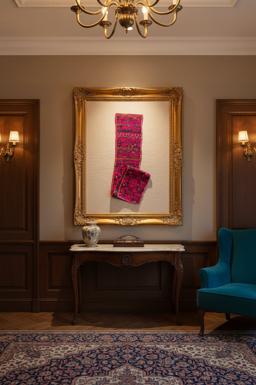 Pink Kutchi embroidery textile framed on a wall, with floral patterns on a dark surface