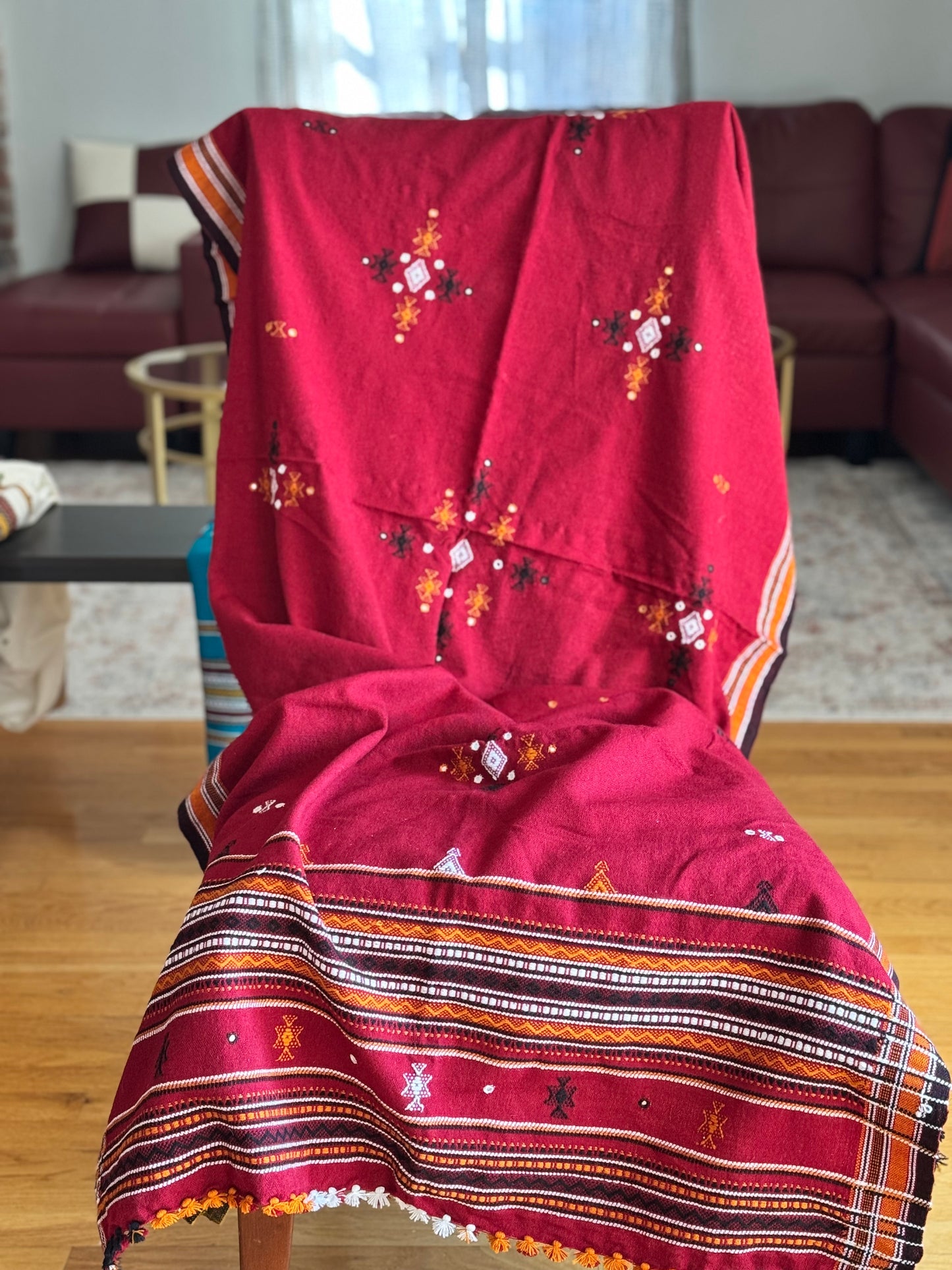 Handcrafted Kutchi embroidery pure sheep wool shawls, featuring intricate traditional patterns and vibrant threads, offering warmth and elegance with a cultural touch.