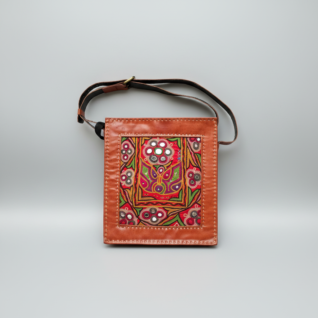 Kutchi leather bag with colorful Kutchi embroidery on a gray background