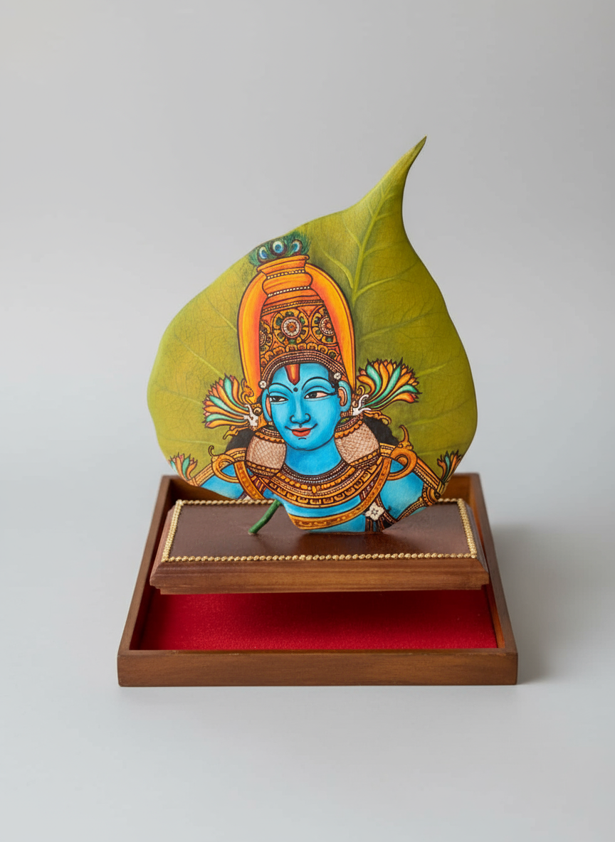 Decorative item with a painted figure on a leaf and wooden base against a gray background