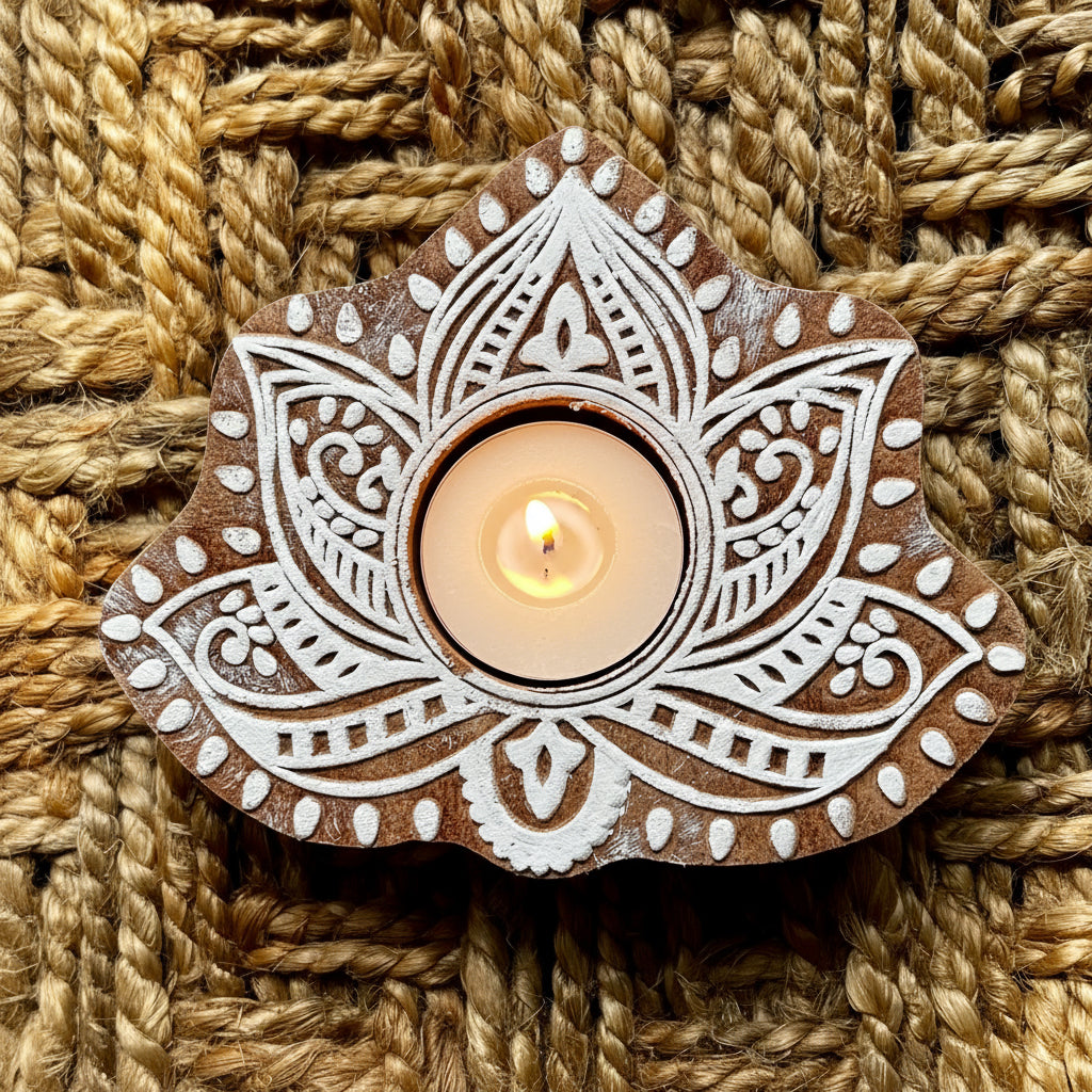 Decorative hand engraved wooden tealight holder in lotus shape with white patterns on a woven background