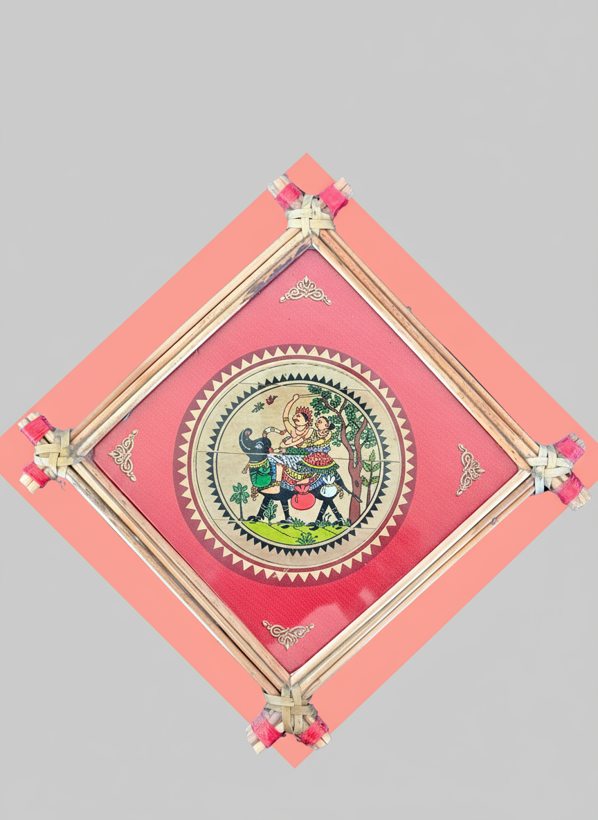 Pattachitra stye painting of a man on a bull against white background