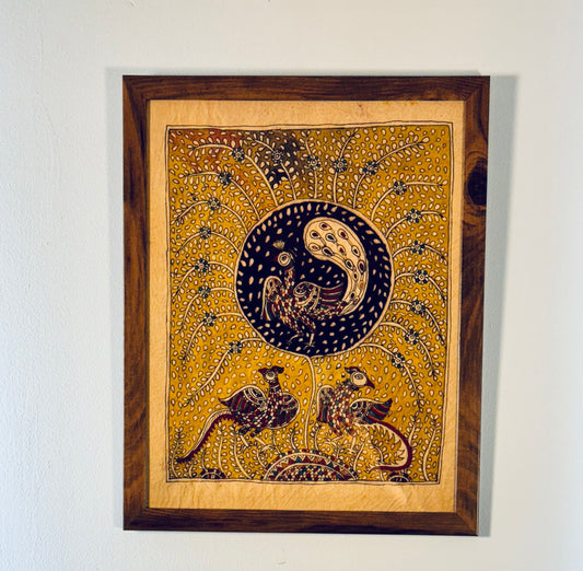 Traditional Mata ni Pachhedi art on fabric, showcasing intricate depictions of divine figures and spiritual motifs.