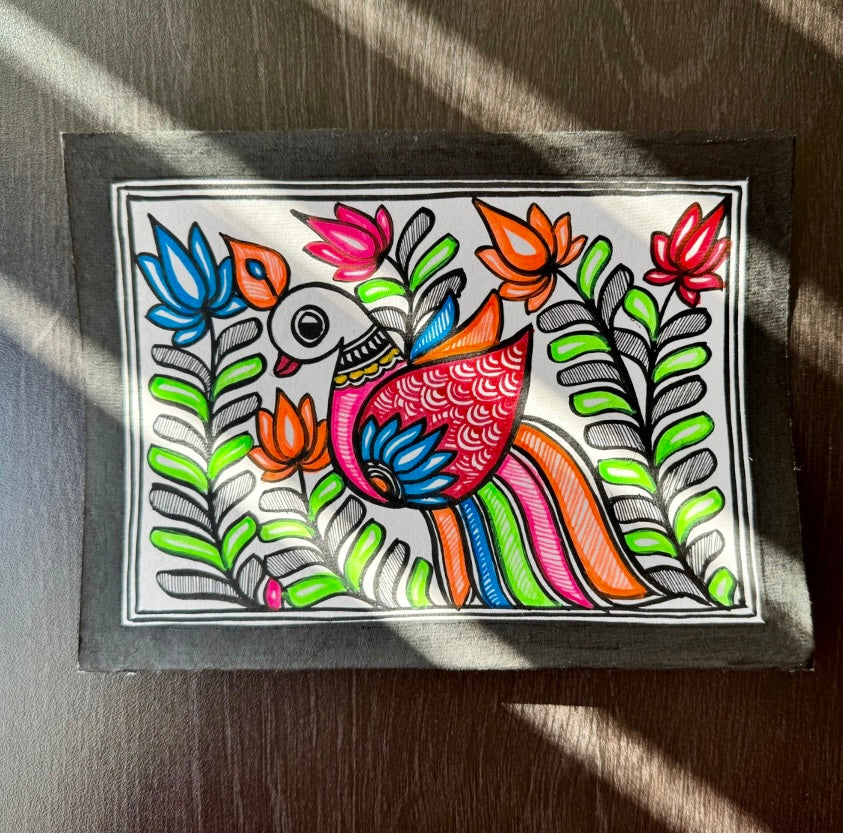 Charming small-sized Madhubani art paintings, featuring intricate hand-painted designs with vibrant colors and traditional motifs. A perfect blend of cultural heritage and artistic beauty to enhance your space.