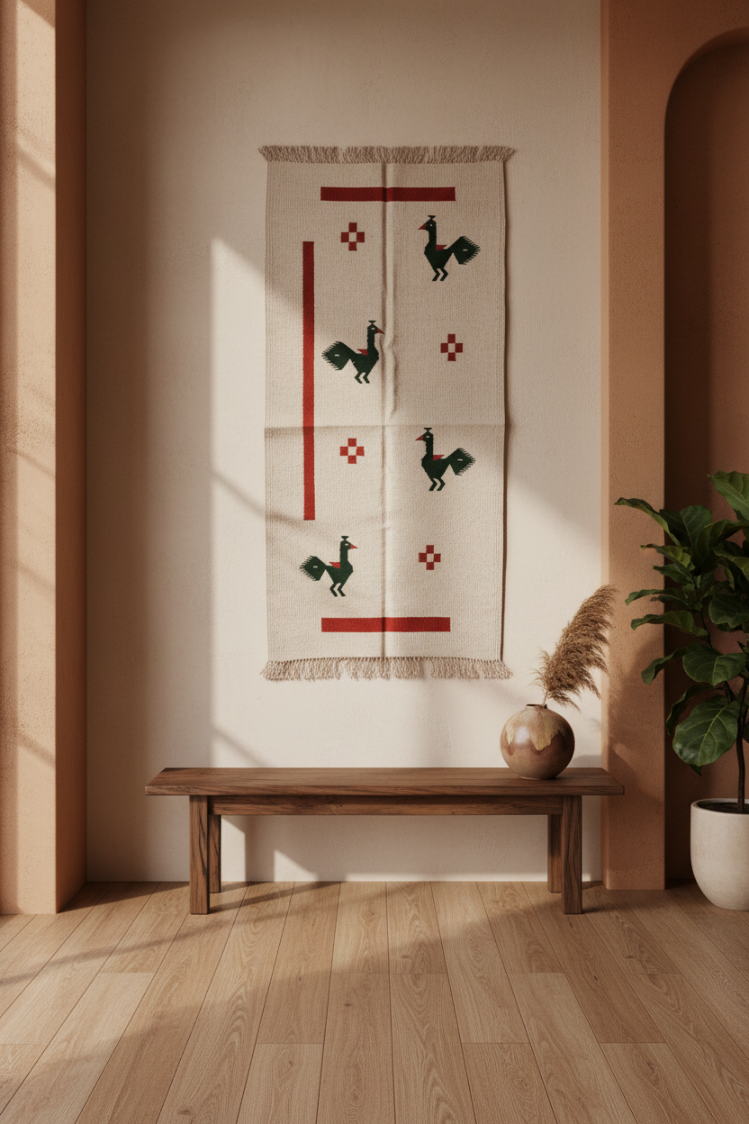 A vertical handwoven cotton Navalgund Dhurrie rug as a wall hanging with fringe, featuring a cream background and dark green rooster motifs with red geometric accents, displayed in a warm, sunlit room above a wooden bench.