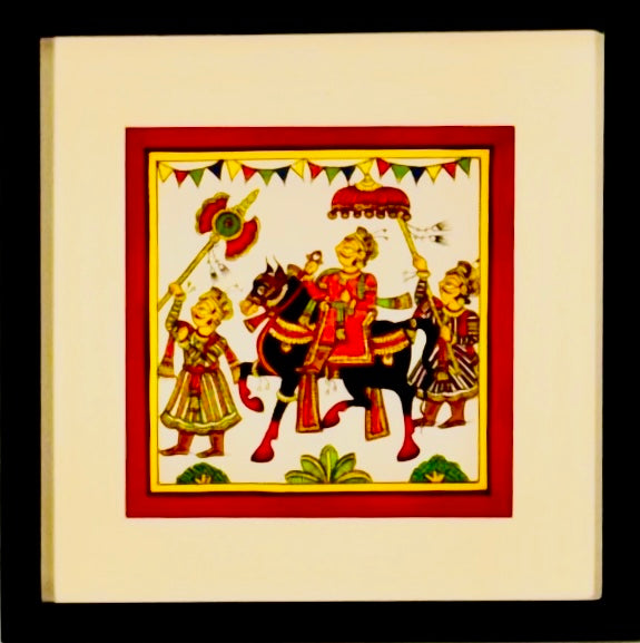 Hand-painted Phad art from Rajasthan, 			vibrant depiction of local legends on fabric scrolls.