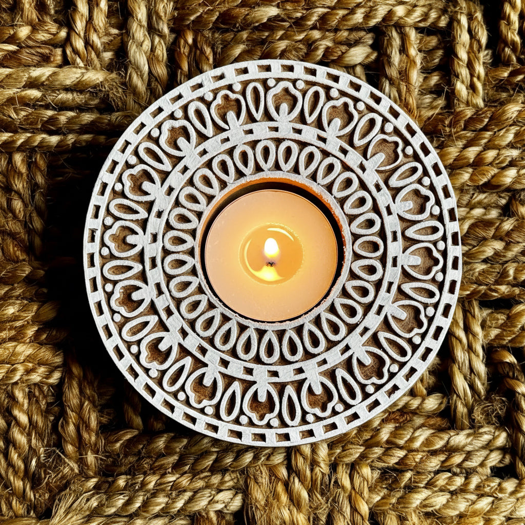 Decorative white circular hand engraved wood tea light holder with intricate patterns on a textured brown background