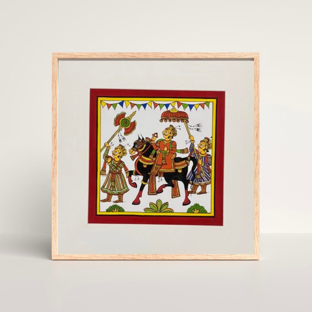 Hand-painted Phad art from Rajasthan, 			vibrant depiction of local legends on fabric scrolls.