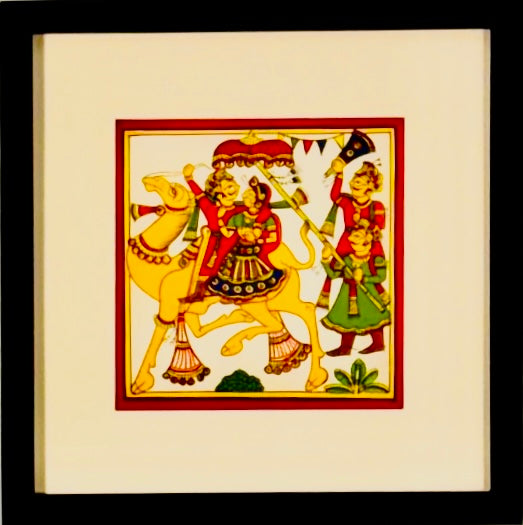Hand-painted Phad art from Rajasthan, 			vibrant depiction of local legends on fabric scrolls.
