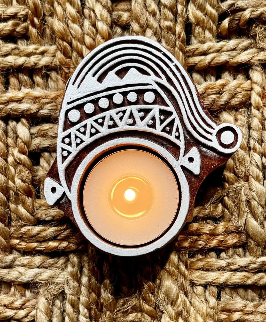 Wooden object with decorative white patterns on a textured brown background