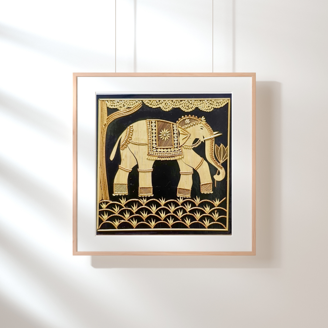 Handcrafted Sikki art wall decor featuring intricate designs woven from natural golden grass, showcasing traditional craftsmanship.