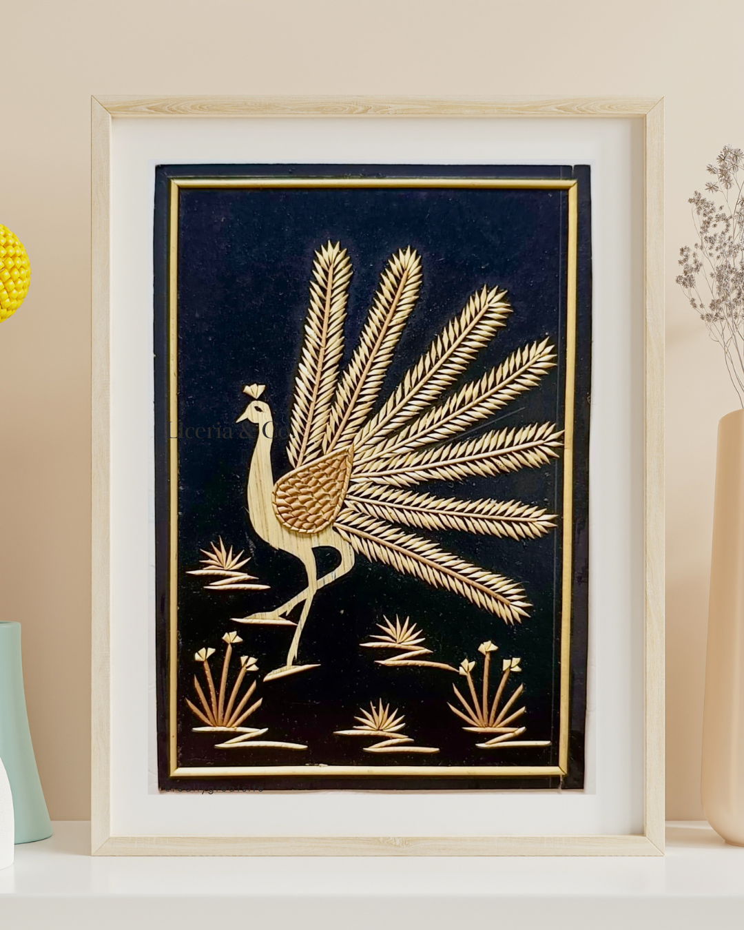Handcrafted Sikki art wall decor featuring intricate designs woven from natural golden grass, showcasing traditional craftsmanship.